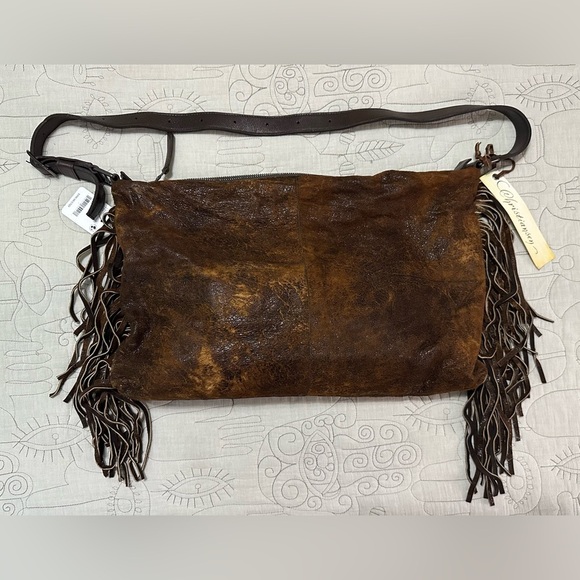 NEW Christiansen Orizzonte Distressed Leather Bag Fringe Camello - Picture 3 of 16